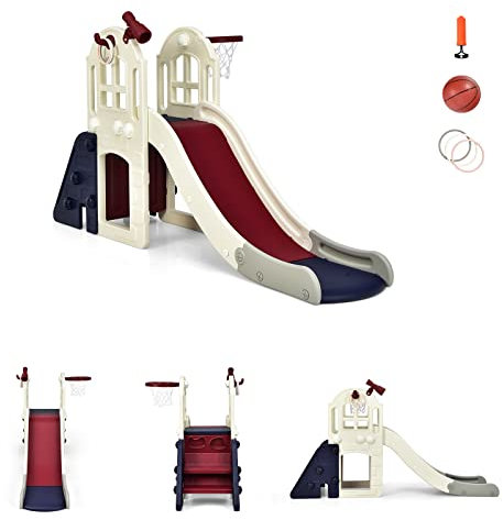 RELAX4LIFE 6 en 1 Tobogán Infantil con Escalador, Canasta de Baloncesto, Lanzamiento del Anillo, Túnel y Telescópico Decorativo, Toboganes Infantiles Exterior de HDPE para Niños 3-8 Años (Azul+Beige)