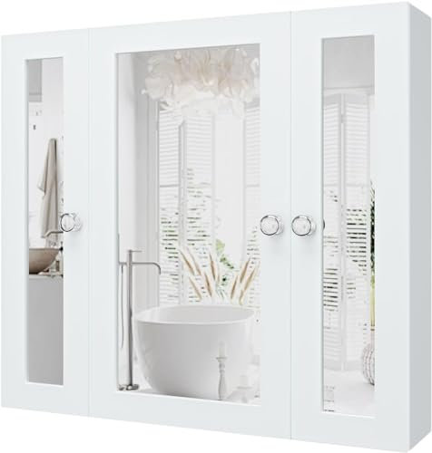 BUBFUL Bathroom Mirror Cabinet Wall Mounted Medicine Pharmacy Cabinets with 3 Doors, Waterproof PVC White Color