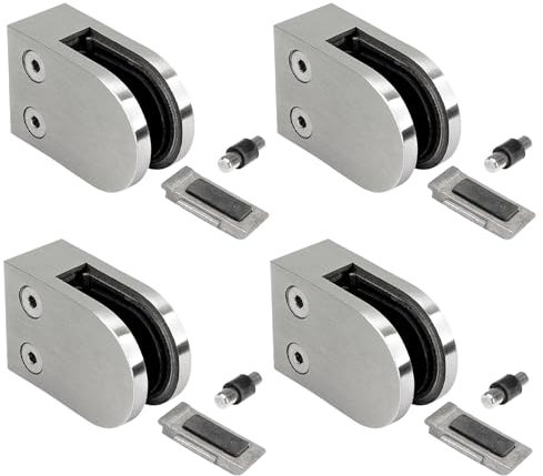 PRIOstahl Glashalter 4 Stück Glasklemmen Klemmhalter Glashalter mit Sicherungsplatte + Sicherungsstift 63 x 45 x 30 mm Anschluss: Flach für Glas 12,76 mm aus Edelstahl V2A