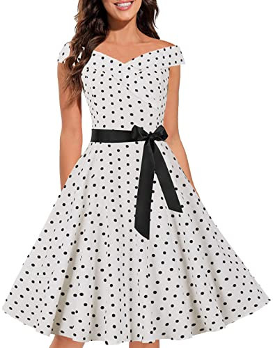 Retro Faltenrock 60er Jahre Rockabilly Vintage Tunika A Linie Solides Cocktailkleid mit Gürtel Hochzeit Partykleid Rockabilly Kleid Ballkleid Weißes Kleid