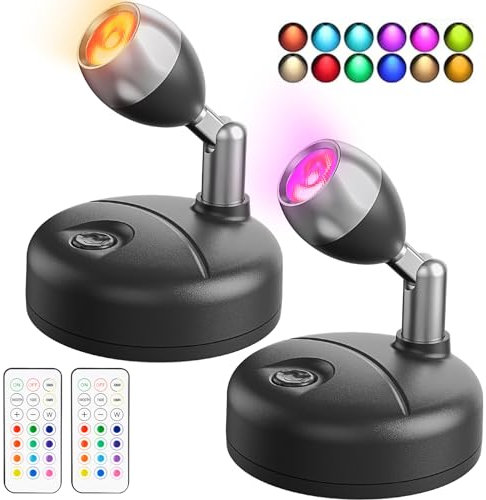 WUYOR Wireless LED Spotlight with Remote Control, Battery Spotlights Indoor, RGB Art Lights Color Changing Picture Light Dimmer Puck Lights Wall Light Hallway Cupboards (2 Pack, Black)