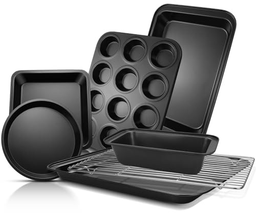 EWFEN Bakeware Sets, Baking Pans Set, Nonstick Oven Pan for Kitchen with Wider Grips, 7-Piece with Round/Square Cake Pan, Loaf Pan, Muffin Pan, Cookie Sheet, Roast Pan, Cooling Rack, Carbon Steel Bake