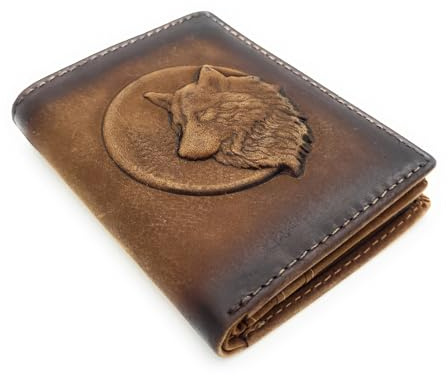 Lemasi echt Leder Mini Geldbörse Portemonnaie 3D Adler oder Wolf mit RFID Schutz (braun Wolf)