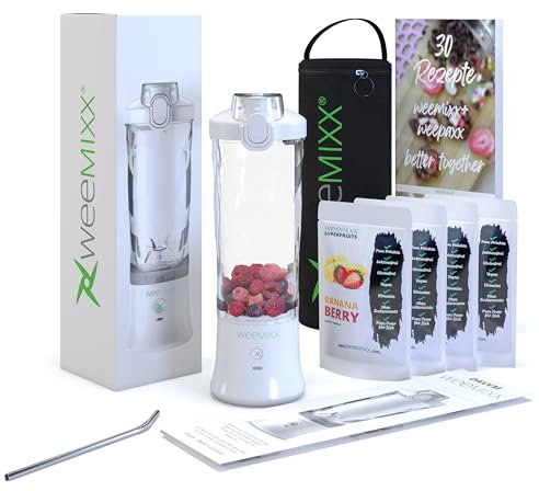 weemixx® tragbarer Smoothie Mixer Set, Mini Mixer, mobiler Standmixer, Smoothie maker to go, elektrisch ohne Kabel, 18.000 U/min Power Motor, 6-Edelstahl-Klingen, USB, 600ml, Mixer, Thermotasche