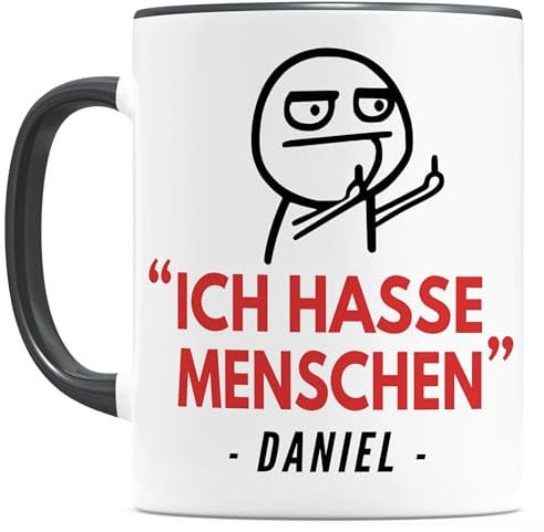 Mittelfinger Tasse Ich hasse Menschen mit Stinkefinger personalisiert mit Name Kollegin Geschenk Kollege Kaffeetasse aus Keramik Schwarz 330 ml (Strichmännchen)