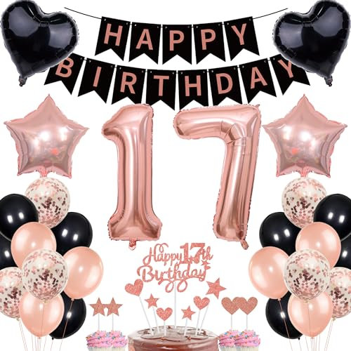 Rose Gold 17th Birthday Decoration - Girl's Birthday Gift with Balloons and Cake Topper