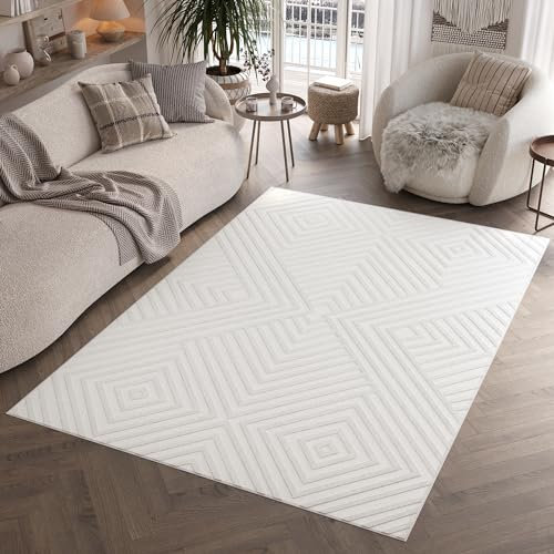 TAPISO Hygge Teppich Kurzflor Creme Weiß Rauten Viereck Kreise 3D Teppich Wohnzimmer Schlafzimmer ÖKOTEX 140 x 200 cm
