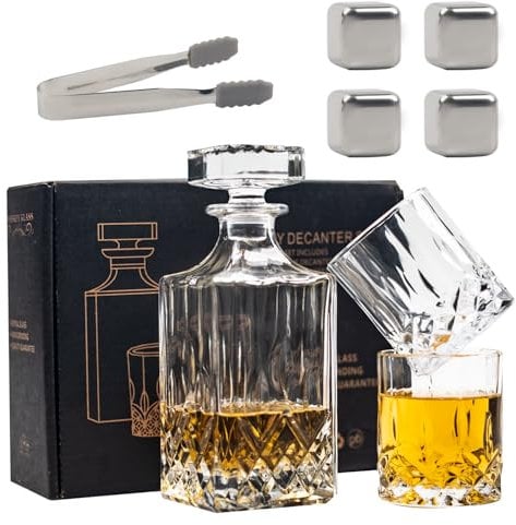 Whisky Decanter and Glasses Set, Whiskey Decanter Gift Set,Whisky Crystal Decanter,Classic Whiskey Decanter,Whiskey Gift Sets for Men,Incl 4 Whiskey Stones, 1 Pliers,2 Whisky Glasses