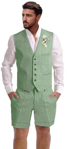 Dsteng Mens Linen Suit 2 Piece Short Suits for Men Casual Summer Beach Wedding Suit Linen Vest Shorts Set, Sage Green, XL