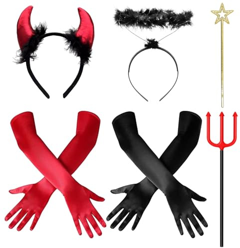 Giugio Costume de diable de carnaval, costume de diable pour femme et fille, serre-tête de diable, cornes de diable, gants et baguette magique, accessoire de costume, carnaval, Halloween, cosplay