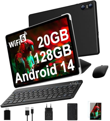 Tablette Android 14 avec 5G Wi-Fi 6, 20 GO RAM+128 GO ROM (Extensible Jusqu'à 1 To), Tablette Tactile avec Widevine L1, 8 Cœurs, 5MP+8MP, 6000mAh, Tablette 10 Pouces avec Clavier+Souris et Cas, Noir