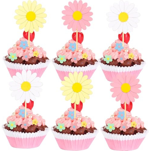 DazzJoy Gänseblümchen Tortendeko,24 Stück Blumen Tortendeko Geburtstag,Gänseblümchen Cupcake Toppers 3 Farben,Gänseblümchen Deko Torte,Blumen Kuchendeko,Blumen Muffins Deko Hochzeit Babyparty Taufe