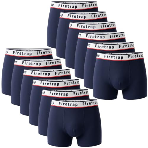 Firetrap Mens 12 Pack Designer Boxer Shorts, Underwear Gift Set Trunks Comfortable Stretch Cotton Plain Colours Mens Briefs All Blue XXL