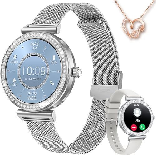 Smartwatch Damen Uhr Armbanduhr Fitnessuhr: Smartwatch Damen mit Halskette Geschenk 1,27 Rund Touch Silber Menstruationszyklus Schrittzähler Blutdruck Wasserdicht Sport Telefonfunktion Android iOS