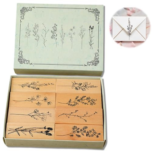 8 Stück Stempel Holz, Gummi Holz Vintage Holzstempel,Holzstempel,Stempel Blumen Natürlichel Pflanze Mustern,DIY Tagebuch Natürliche Pflanze Seal Set für Scrapbooking