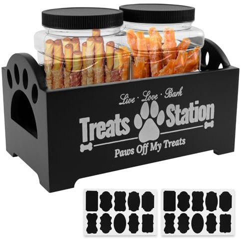 Sutowe Dog Treat Container with 2 Treat Jars Cute, Plastic Pet Food Jars with Wooden Holder & Stickers, Reusable Dog Cookie Container Cat Treat Holder for Pet Dog and Cat(black)