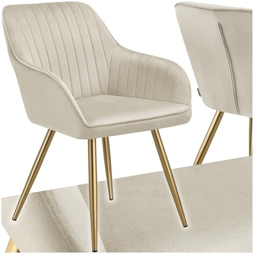 tectake® Dining Chair with Quilted, Velvet-Look Cover, Softly Padded Armchair with Continuous Backrest & Golden Steel Legs, Ideal as Kitchen, Living Room, Bedroom & Desk Chair - Cream/Gold