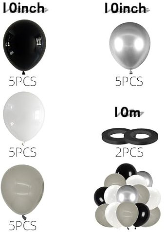 DazzJoy 20 Stück Luftballons Schwarz Weiß Silber Grau,Schwarze Ballons für Hochzeit,Schwarze Luftballons Rip 20s Deko, Helium Luftballon Silber,Weiße Luftballon Geburtstag