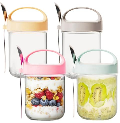 MEETOZ 4 Pack Overnight Oats Jars, Overnight Oats Container with Lid and Spoon,14oz Large Capacity Glass Jars with Screw lids,for Salads Cereal Milk Porridge Fruit