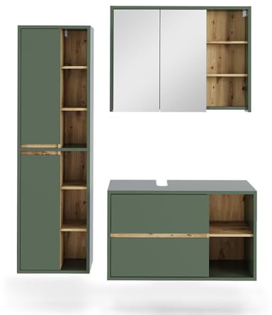 Vicco Badmöbel-Set Grün/Artisan Viola, bestehend aus Bad Spiegelschrank, Waschbeckenunterschrank, Hochschrank - Mehr Stauraum ohne Bodenfläche zu nutzen