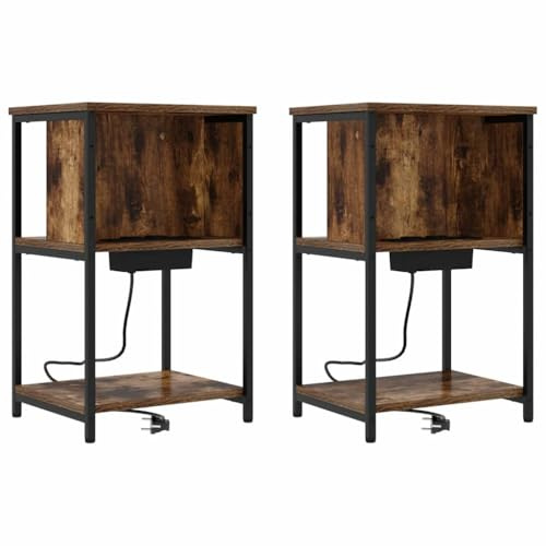 vidaXL Set of 2 Smoky Oak Brown Bedside Table with Steel Legs 38 x 31 x 61 cm with USB Charging Port and Storage Compartments Perfect for Bedroom Modern Minimalist Design