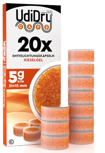20 Trockenkapseln für Hörgeräte UdiDry Caps Universal Kieselgel 5g 31mm Trocknungskapseln mit Farbindikator einzeln versiegelte Trockentabletten zur Pflege und Trocknung von Hörgeräten und Hörsystemen