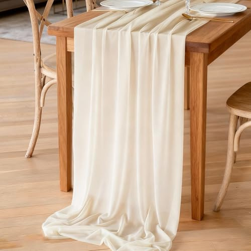 Xyvor Chiffon Tischläufer 70 x 300 cm, Tischläufer Chiffon Dekostoff in Natural Beige, Tischband Stoff Tüll Waschbar Tischdeko, Chiffons Tischläufer Hochzeit für Geburtstage, Kommunion, Feier, Party