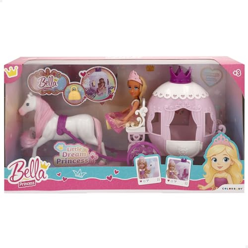 ColorBaby Schöne Prinzessin-Puppe, 15 cm, beweglich, Kutsche mit weißem Pferd, inklusive Tasche und Krone, Design in Rosa- und Lilatönen, Spielzeug für Mädchen 3 Jahre, Prinzessin-Spiele (39393)