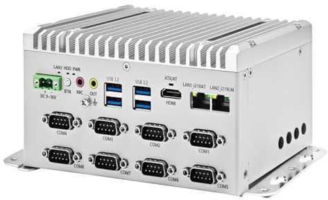 Glovary Fanless Mini PC i5 8265U (4C8T, up to 3.9GHz), 2 x LAN (i210+i219-LM) Lüfterloser Industrial Computer Din Rail, Barebone, 8 x RS232 COM, 4K HD, 4USB3.2, 9-36V Auto Power On