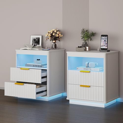 Vlsrka Table de Chevet Lot de 2 avec Lumières LED et Station de Charge | Table de Nuit avec ports USB/Type-C, Moderne Chevet de lit avec 2 tiroirs, Bois Table de chevet pour Chambre à coucher, Blanc
