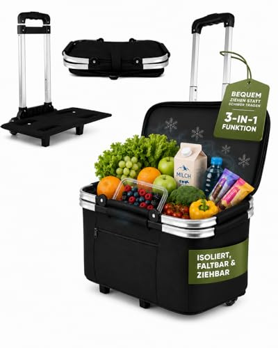 Trolley [faltbar & isoliert 35L] Einkaufswagen | Einkaufstrolley mit Rollen | Mit Kühlfunktion & abnehmbarem Korb – isolierter Einkaufswagen & Kühltrolley für Supermarkt, Wochenmarkt & Camping