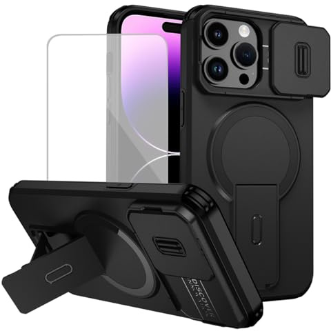 Tothedu Case for iPhone 14 Pro Max Cases with Tempered Glass Screen Protector, Compatible with MagSafe, Slide Camera Cover, Kickstand Phone Cover for iPhone 14 Pro Max Black