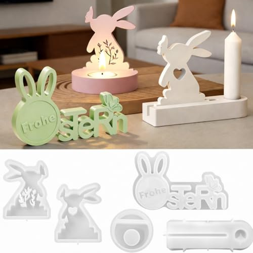Juego de 5 moldes de silicona para Pascua y primavera – moldes de moldeo DIY para candelabros, decoración de conejo de Pascua de hormigón, yeso, raysin y resina (frohe ostern)