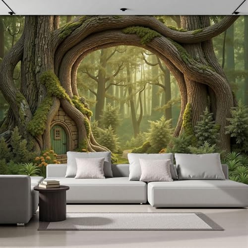 Fototapete Zauberwald Tapete Sunshine Tree Hole Hütte Tapeten Olivgrün Wandtapete Wohnzimmer Schlafzimmer Kinderzimmer Wanddeko Motivtapeten 400×280 Cm