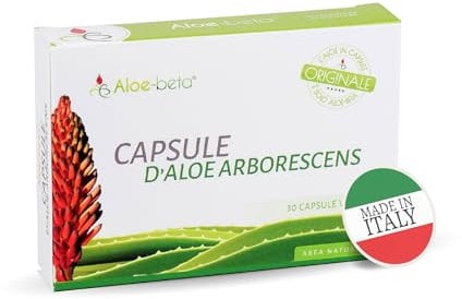 ALOEBETA Aloe Vera Arborescens Bio en Capsules Végétales - 100% Aloe Arborescens BIO - Made in Italy - Complément alimentaire BIO - Sans édulcorant ni conservateur, sans OGM - 30 paquets de Gélules