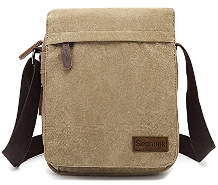 Sechunk Kleine Umhängetasche aus Segeltuch im Vintage-Stil (m_Khaki, Mittel)