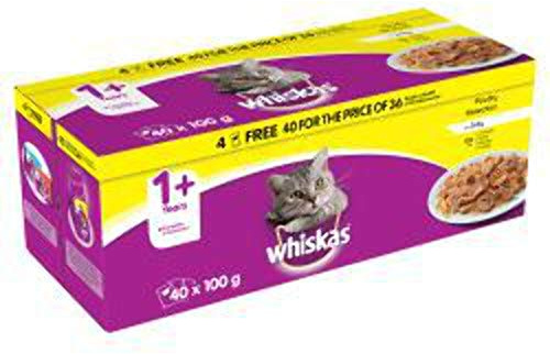 Whiskas 1+ Cat Wet Food in Pouch Mega Pack for Adult Cats, Poultry Selection in Jelly, 40x 100g