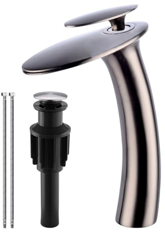 Wovier Wasserfall-Badezimmerarmatur aus gebürstetem Nickel, Einhebel-Einzelloch, Messing, Waschtischarmatur, schräger Körper, Waschtischmischer, hoher Körper mit Zulaufschlauch und Ablaufgarnitur