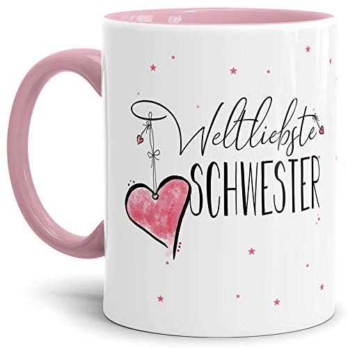 Tasse mit Spruch für die Weltbeste Schwester - Kaffeetasse/Familie/Geschenk-Idee/Mug/Cup/Innen & Henkel Rosa