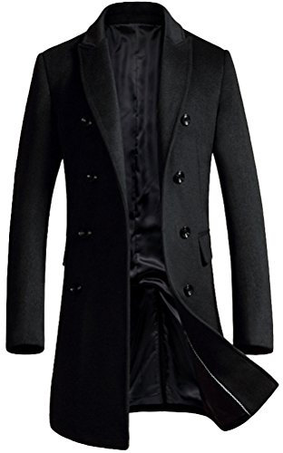 FTCayanz Uomo Cappotto Lungo Doppiopetto Trench Giacca Sottile Parka Invernale Cappotti di Lana Nero M