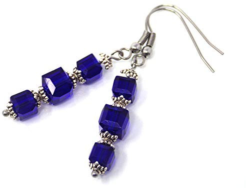 Boucles d'oreille bleu foncé en verre et acier inoxydable