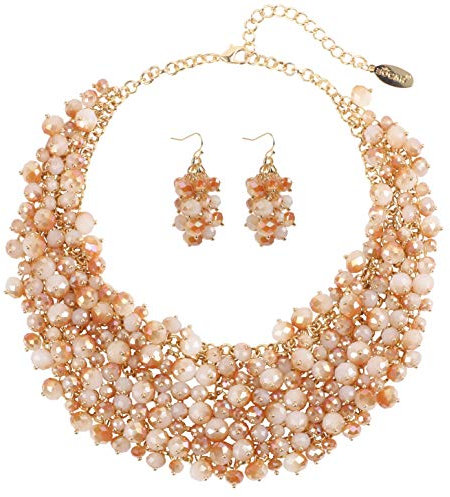 Bocar Fashion Crystal Chunky Collar Statement Necklace Earring Set for Women Gift (NK-10260-champagne white)