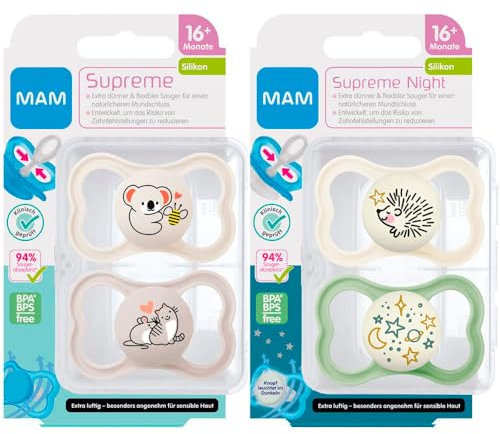 MAM Dental Schnuller Supreme, 16+ Monate, 4er Pack, haut- und zahnfreundlicher Schnuller, Skin Soft Silikon