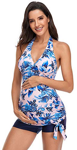 Maillot de Bain Femme Tankini avec Culotte Maillot de Bain 2 Pièce Push Up Elégant Plage Floral Maternité Beachwear Tankini pour Grossesse Encein Bathing Suit Maternité(Rose,M)