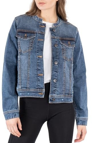 NOROZE Women's Western Style Jacket Collarless Denim Jacket, Light Blue Washed Jeans Women Classic Women's Trucker Jackets Biker Casual (10, Denim Blue)