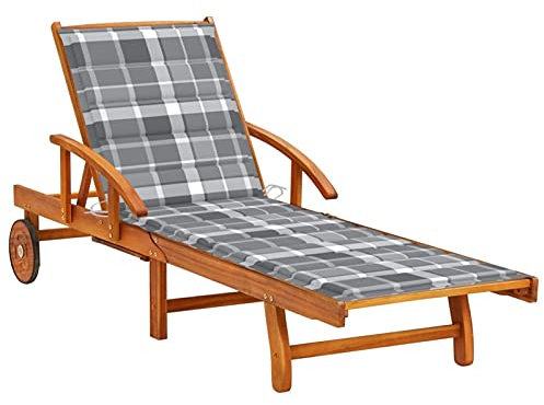 Tidyard Garten-Sonnenliege Relaxliege aus massivem Akazienholz mit Auflage,Freizeitliege Liegestühle Gartenliege Liege Strandliege mit 2 Rädern,Rückenlehne und die Fußstütze sind verstellbar