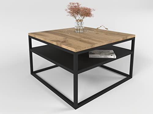 lukmebel Couchtisch Nova mit Regal Modern für Loft-Räume Pulverbeschichteter Edelstahl 16mm Tischplatte 68,5x68,5x48cm Ergonomisch Bequem Schwarz/Wotan-Eiche