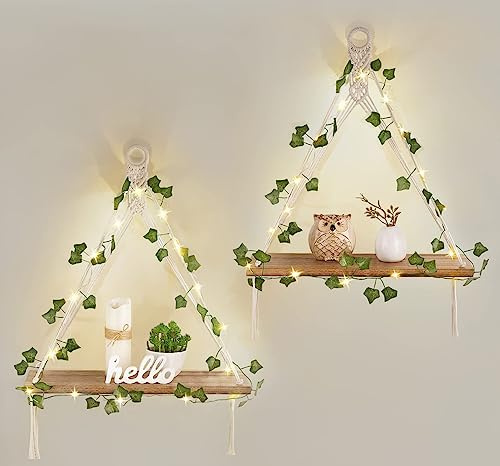 Mkono Künstliche Efeu LED-Streifen Makramee Hängeregale 2er Set Boho Wanddekoration Display Pflanzen Fotos Holz Schwebende Lagerregal für Schlafzimmer Badezimmer Wohnzimmer Kinderzimmer Wohnheim Küche