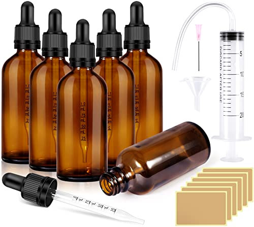 RYMALL Pipettenflasche 6Stk 100ml Apothekerflasche Pipette Bottles Braune Glasflasche, Innenstopfen mit Trichteraufkleber und Etikett, für Ätherisches Öl und Duftstoff