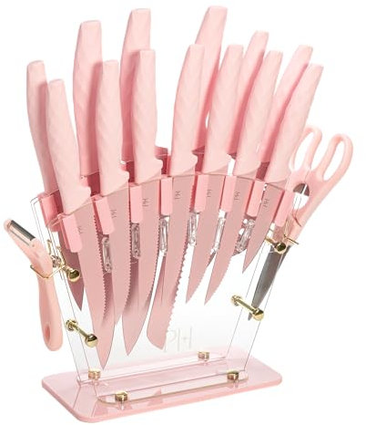 Paris Hilton Knife Block Set with Fan Style Clear Acrylic Knife Block, Premium Stainless Steel Blades with Nonstick Coating, Comfort Grip Handles, 16-Piece Set, Pink and GoldQ